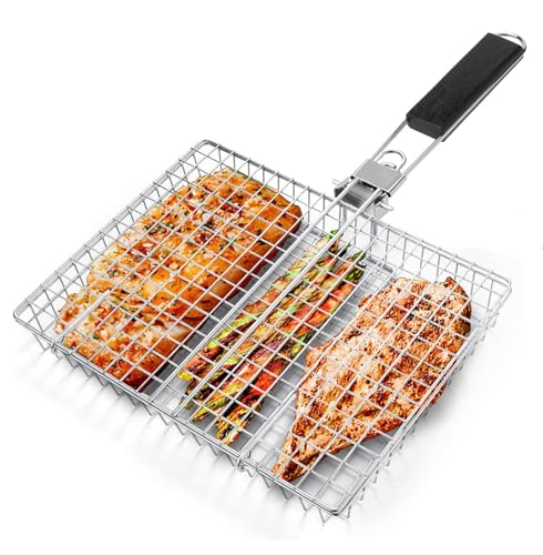 BRAVECOW BBQ Grill Basket Portable Lightweight Anti-scalding Wooden Handle Plating Folding Barbecue Grill Basket Net for Fish Vegetables Meat Chicken Corn
