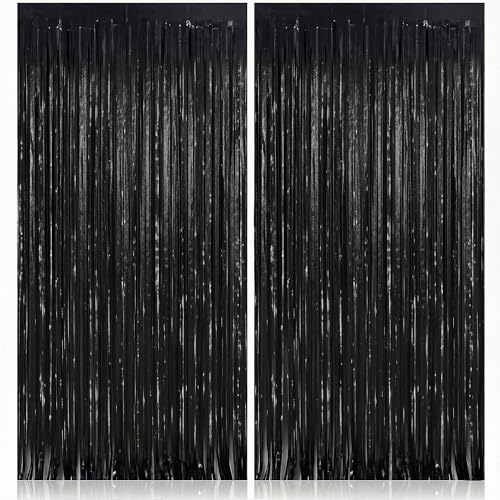 Image of KatchOn, Black Fringe Backdrop - Pack of 2 | Black Streamers for Black Birthday Decorations, Halloween Decorations | Tinsel Backdrop for Death to My 20s Decorations, Black Streamers Party Decorations