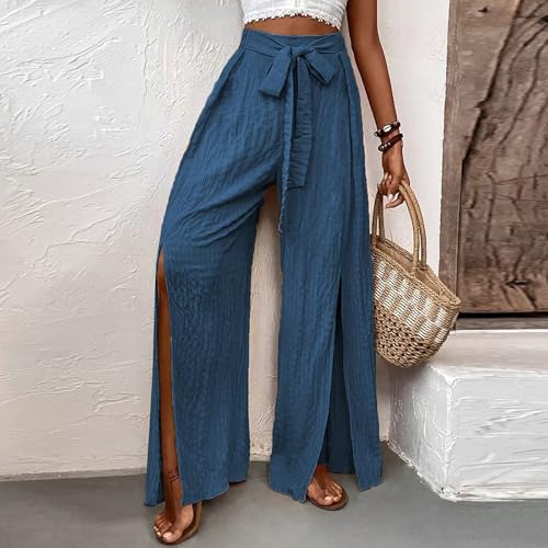 Women's Linen Wide Leg Pants High Waist Casual Long Lounge Adjustable Tie Business Casual Tie Knot Trousers Plus Size2