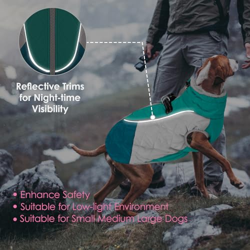 Image of AOFITEE Dog Winter Coat, Dog Coat for Large Dogs, Warm Fleece Dogs Jacket | Reflective Dog Winter Jacket with Harness Built in, Waterproof Windproof Dog Snowsuit for Cold Weather, Bean Green XL