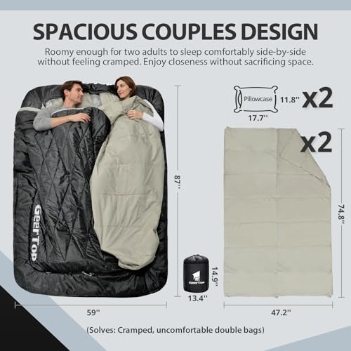 Image of GEERTOP Queen Size Double Sleeping Bag with Blanket for Camping Couples Two Person Adults, Removeable Top Cover 4 Season Backpacking Hiking