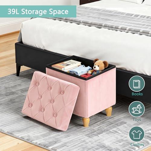 Image of CAROLMADE Folding Storage Ottoman Cube Velvet Footstool with Wood Legs Ottoman Footrest for Living Room and Bedroom Pink, 15 inchx12.6 inchx15.4 inch