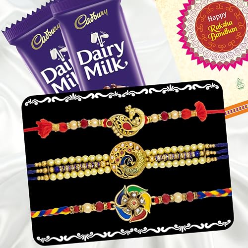 Image of Canton Rakhii With Chocolate Gift Combo, Pack of 3 Designer Rakhi For Brother With Chocolate Gift, Roli & Greeting Card (Design-7, Rakhi With Cadbury)