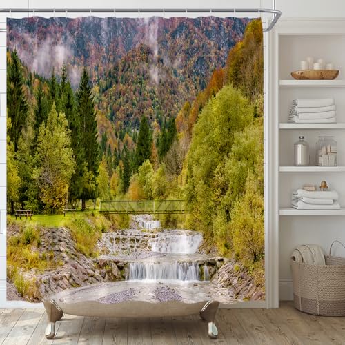AMFD Mountain Landscape Shower Curtain Nature Foggy Forest Stream Waterfall Misty Country Scenic Fabric Bathroom Decor Set Include Hooks,(70" Wx74.8 H)