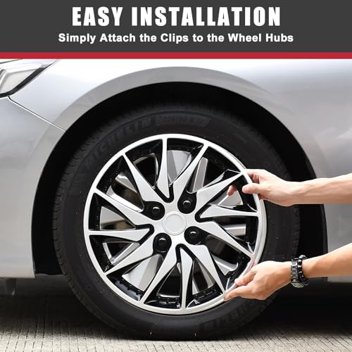 Image of 14 inch Hubcaps Set of 4, Silver Black Racing Sport Wheel Covers, Universal Fit 14 inch ABS Snap-On Hub Caps for Car Sedan SUV Truck, Car Replacement Exterior Accessories