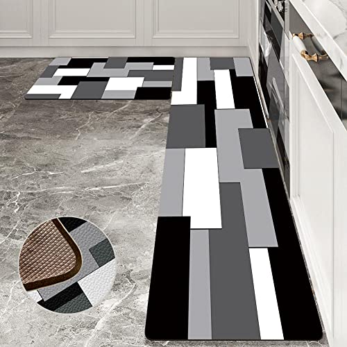 AILUER Grey and Black Kitchen Rugs and Mats Set 2 Piece Abstract Geometric Art Cushioned Kitchen Rugs Abstract Modern Art Kitchen Mats for Kitchen & Laundry (Grey Art, 17.5'x29.5'+17.5'x47')