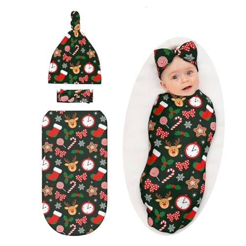 Sozzjile Christmas Swaddle Blanket Newborn Receiving Blanket Baby Swaddle Wrap with Headband Hat Set for Baby Girls Boys