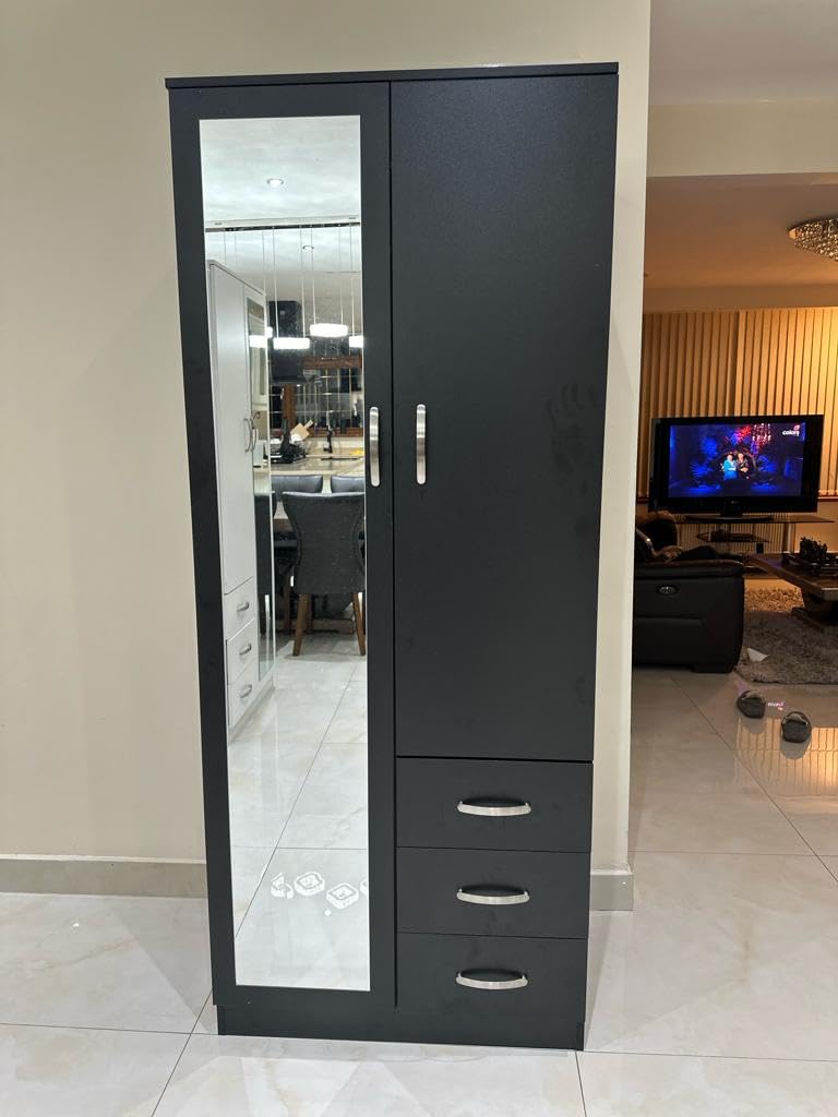PALAKLOT 2 Door 3 Drawer Full-length Mirror Wardrobe | Modular Cabinet for Space Saving | Ideal Storage Organizer | Matt Finish (Black)