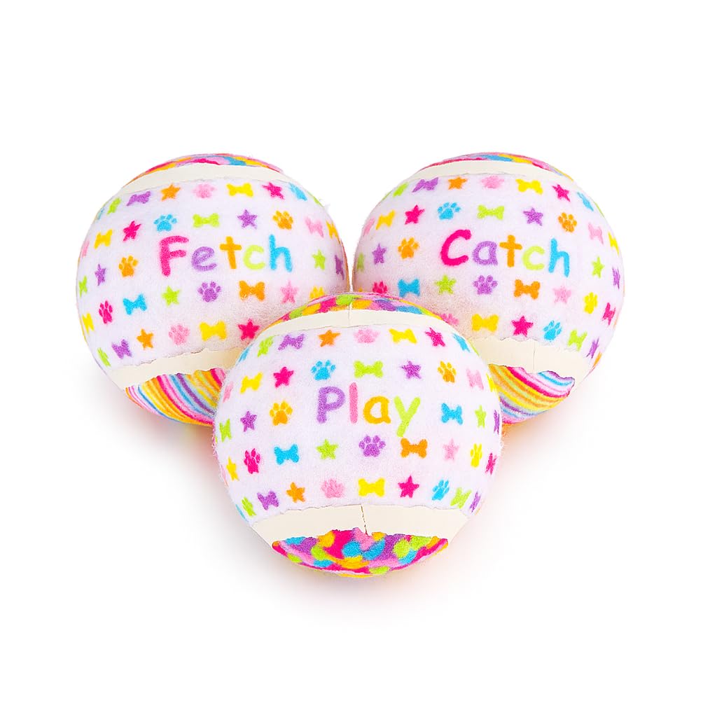 Pet London Rainbow Paw Star Bone Tennis Balls for Dogs-Set of 3 Vibrant Squeaky Fetch Balls. Fun “Fetch, Catch, Play” Design, Bouncy, Durable Dog Toy Balls for Small & Medium Dogs