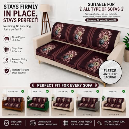 Image of Homerz Premium 'Luxe Series' Sofa Cover | Holland Velvet Fabric | Smooth Finish | Anti-Slip Fleece Backing Couch Protector (Maroon, 3 Seater, Seat Cover with Backrest)