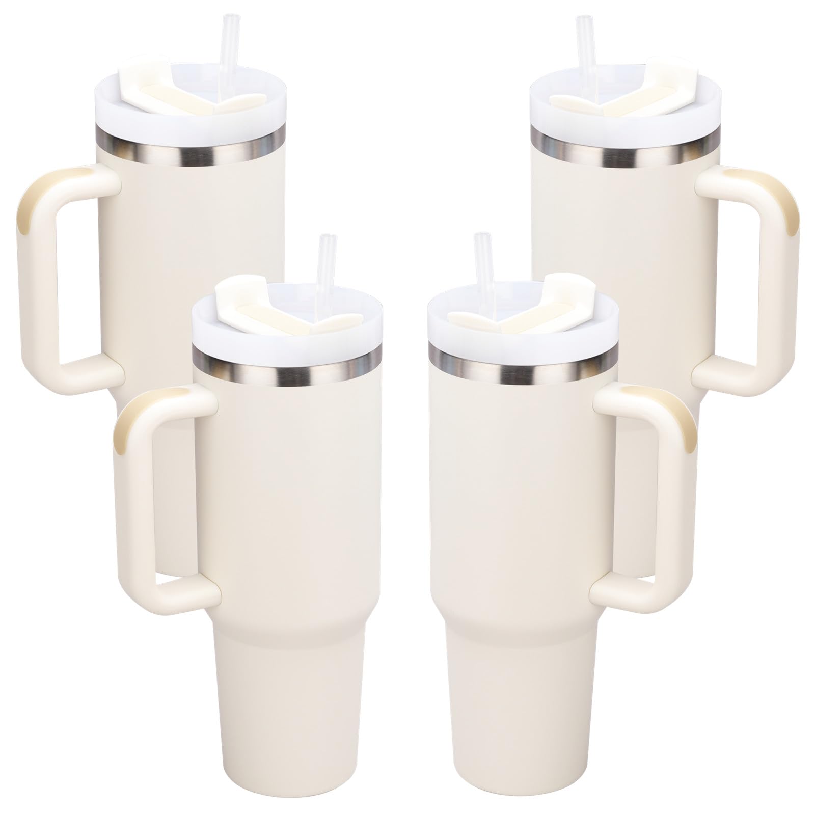 Pandance 40 oz Tumbler with Handle and Straw Lid, Stainless Steel Insulated Water Cup, Simple Modern Travel Mug Bulk (Cream White, 4 pack)