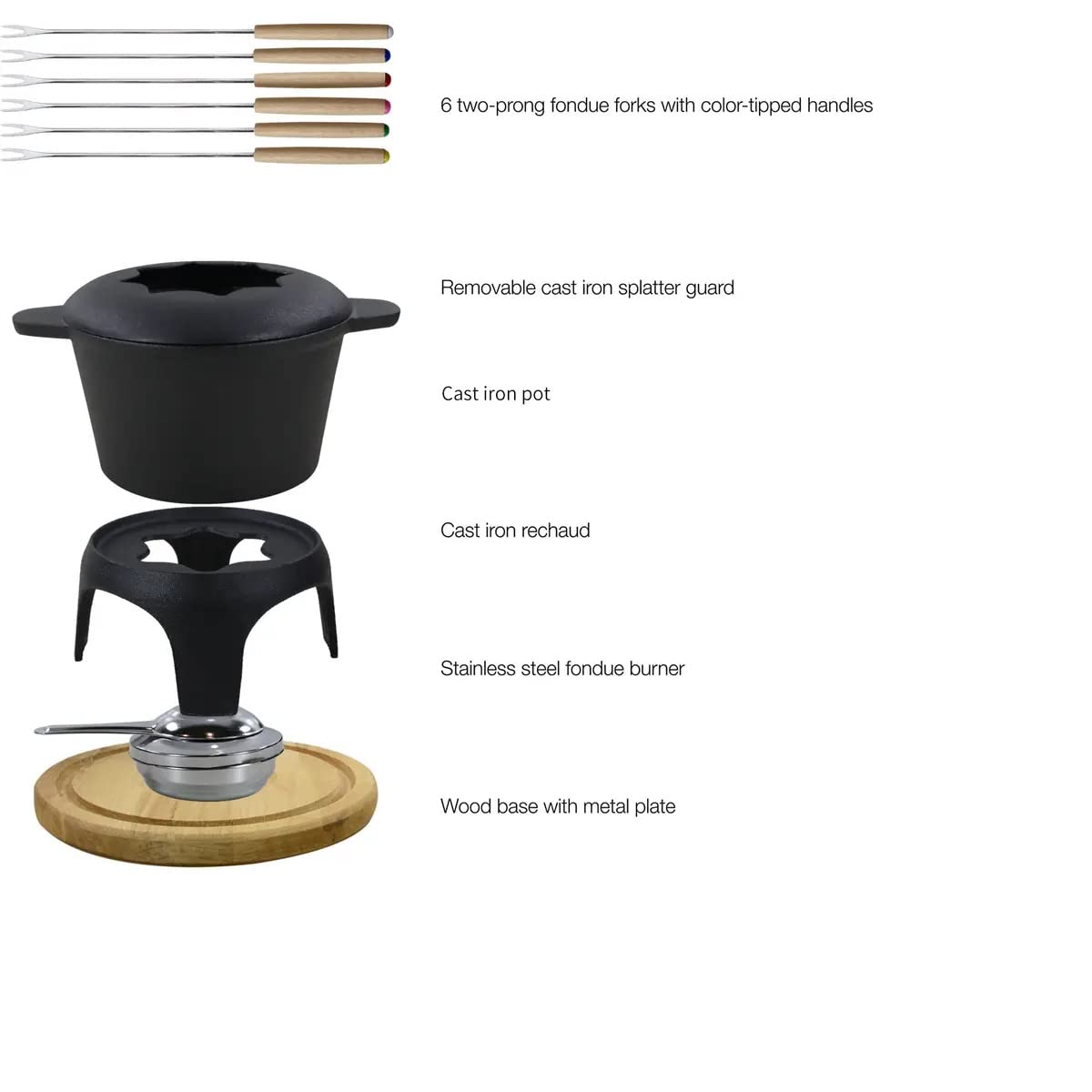 Service à fondue traditionnelle en fonte émaillée noire mate pour fondue suisse Taditional - 12 pièces - Pour viande, chocolat et fromage - Pot à fondue au chocolat en fonte - 6 pièces