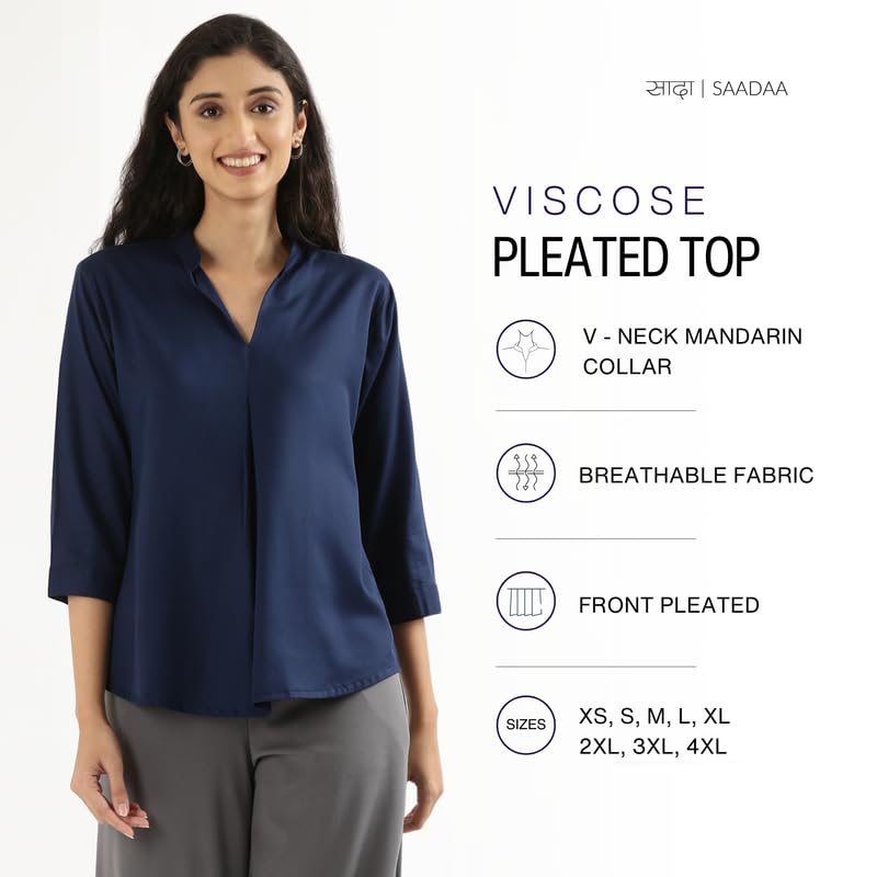 Image of SAADAA Top for Women, Viscose Pleated Tops, V-Neck with a Collar, 3 /4 Sleeve Length, Office & Casual Wear