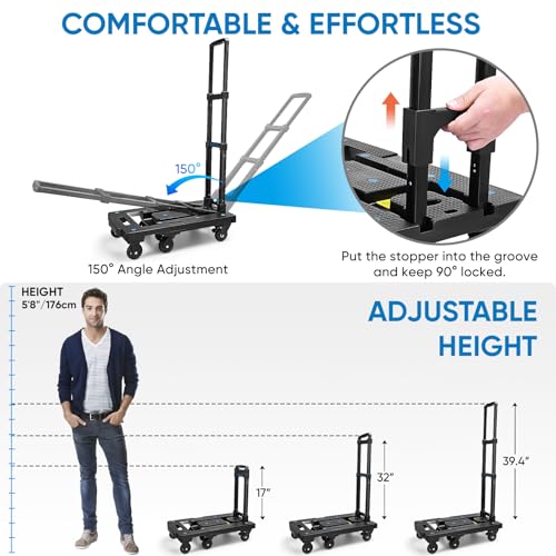 Image of TICONN 330LB Folding Hand Truck Dolly, Portable Heavy Duty Dolly Cart with 7 Tank Wheels, Lightweight Luggage Moving Cart with 2 Brake Wheels for Moving, Shopping, Travel, Office