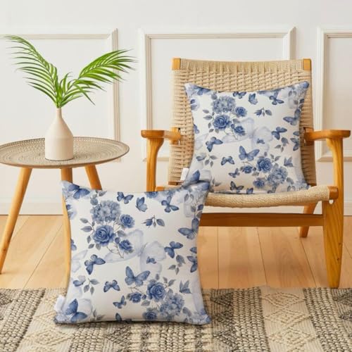 Image of Jaipur Weaves Cushion Cover 16 Inch X 16 Inch - Set of 2, Butterfly Print 180 GSM Decorative Soft Cushion Covers for Sofa /Bed /Chair, Gift for Home Decor (Blue Butterfly, 2)