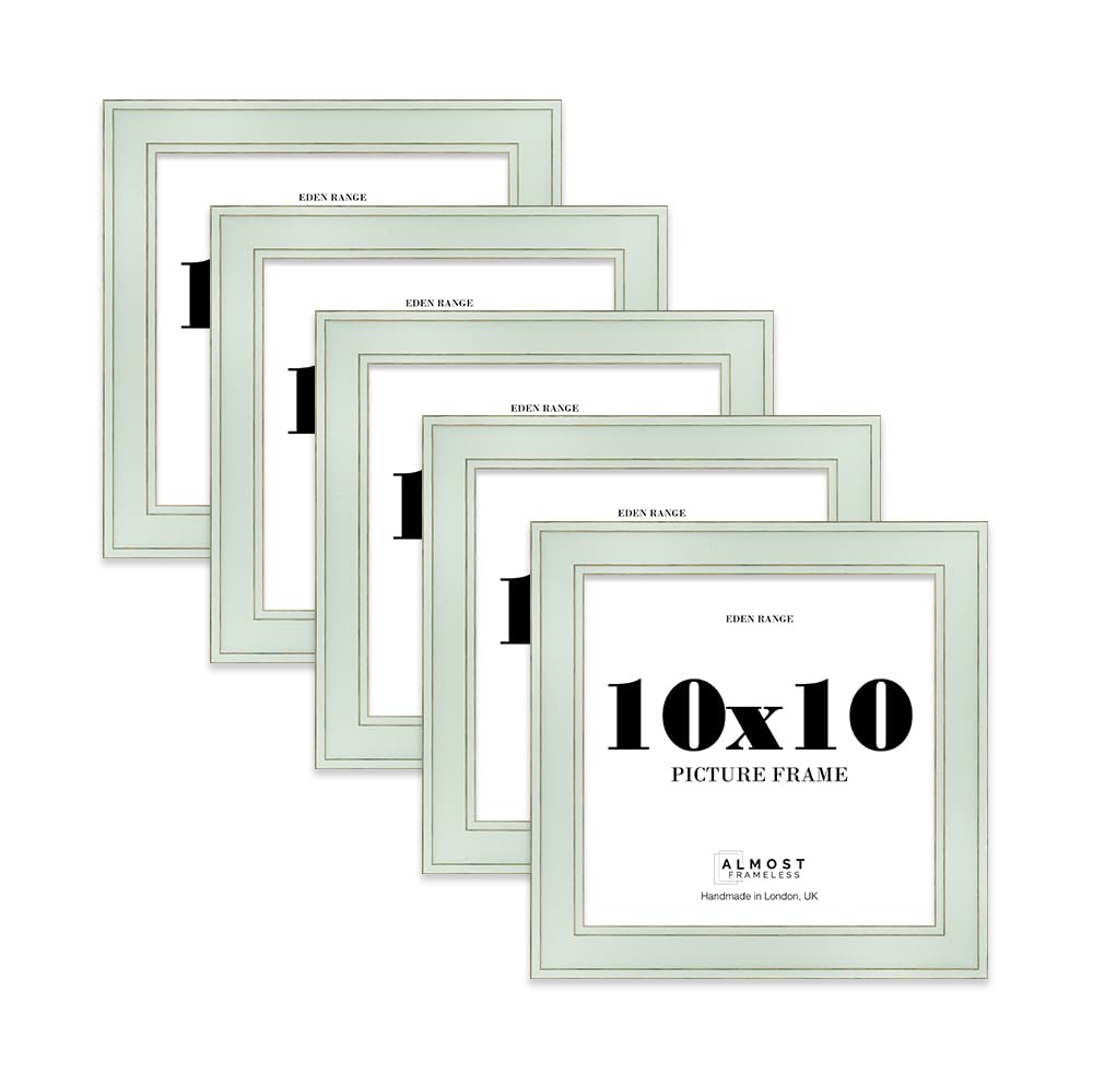 10x10 Sage Green Picture Frame - Shabby Chic Photo Frame with Distressed Finish, Gold Trim, Wall Hooks and Kickstand, 37mm Edge - 5 Pack