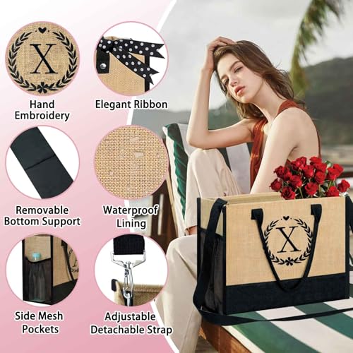 Image of GhvyenntteS Gifts for Women - Initial Jute Tote Bag & Makeup Bag, Valentines Day Gifts for Her Teacher Mom Wife Friend Birthday