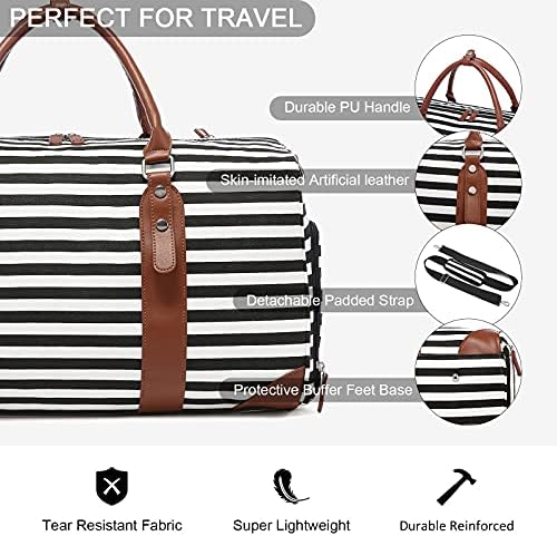 Weekender Bags for Women Sucipi Large Overnight Bag Carry on Duffle Bag with Luggage Sleeve Canvas Travel Duffel Bag with Toilerty Bag,Shoe Compartment,Wet Pocket (Black/White Stripe) 5 Weekender Bags for Women Sucipi Large Overnight Bag Carry on Duffle Bag with Luggage Sleeve Canvas Travel Duffel Bag with Toilerty Bag,Shoe Compartment,Wet Pocket (Black/White Stripe)