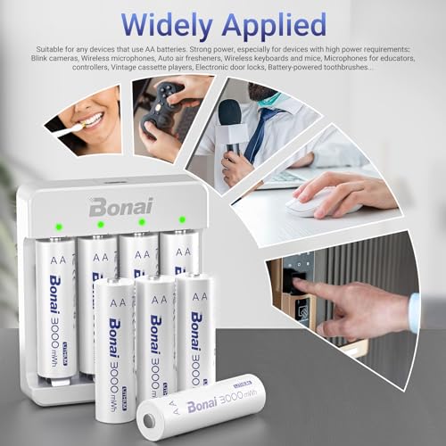 Image of BONAI Rechargeable Lithium AA Batteries with Charger, 3000mWh 1.5V AA Batteries for Blink Camera 8 Count with 2H Fast Charge- Blue