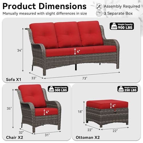 Image of 5 Piece Outdoor Wicker Patio Furniture Set, Patio Chairs Set with Thickened Olefin Cushions, High Back and Deep Seating, Hand-Woven PE Rattan, Ottoman for Porch, Deck