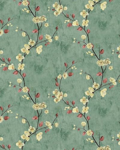 Azonee Floral Peel and Stick Wallpaper Flower Tree Contact Paper Self Adhesive Removable Modern Green Wall Paper Decorative Wall Covering Countertop Vinyl Film Roll(3M*0.53M)