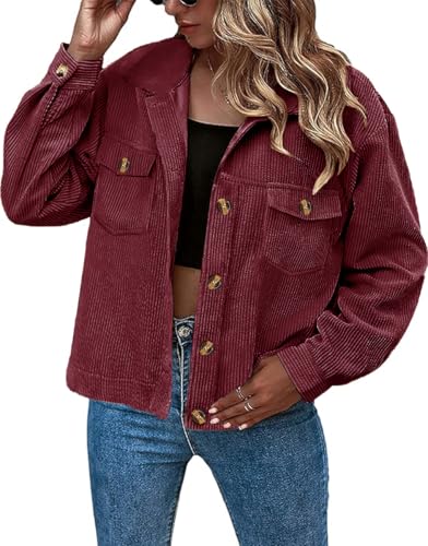 Alaster Queen Women's Corduroy Shacket Cropped Jacket Button Down Casual Lined Long Sleeve Jacket Tops with Pockets
