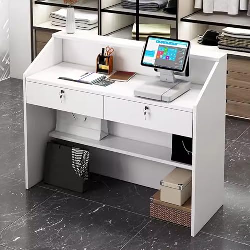 Escritorio recepcionista con cerradura con cajón, elegante mostrador de recepción para oficina y salón de belleza, mesa moderna para estaciones de trabajo de recepción