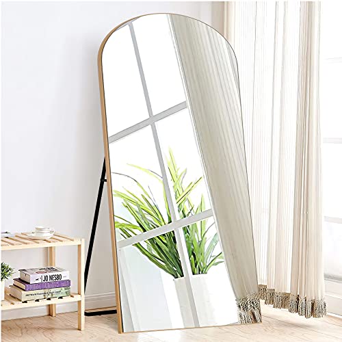 Image of PexFix, 71''x32'' Arched Wall Mirror with Stand, Contemporary Home Mirror, Gold Wood Frame, Full Length, Shatterproof, Wall Mount