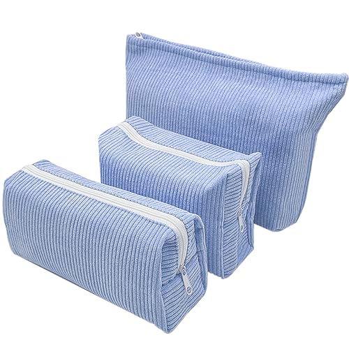 SANYETS 3 Pieces Makeup Bag Cosmetic Bag,Blue Small Zipper Pouch,Corduroy Makeup Purse Pouch,Cute Mini MakeUp Pouch,Cute Preppy Aesthetic Stuff for Girls