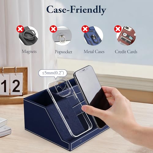 TopMade Wireless Charger Desk Organizer, Leather Multi-Functional Office Supplies Desk Accessories, Remote Control Pen Holder Fast Charging Station, for iPhone Charger Stand, Gifts for Men (Blue) - Thumbnail 7