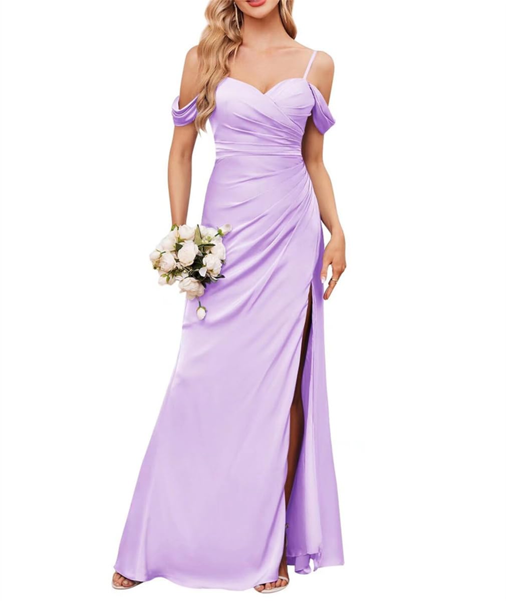 Sayno Women's Lilac Satin Bridesmaid Dresses For With Slit Prom Gowns Pleats Cocktail Dresses Plus Size Hlsa319 Uk10