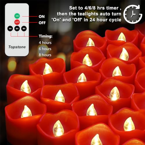 Image of Topstone Red Remote Control Flameless Tealight Candles,CR2450 Battery Powered Votive Candles with Timer,Electric Fake Candle for Home, Christmas Decoration,Pack of 12