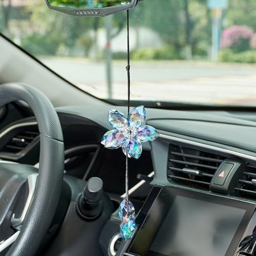 Image of Crystal Flower Car Rear View Mirror Hanging Ornament - Sparkles with Rainbows for a Sense of Luck and Happiness Car Interior Accessories (Colorful)