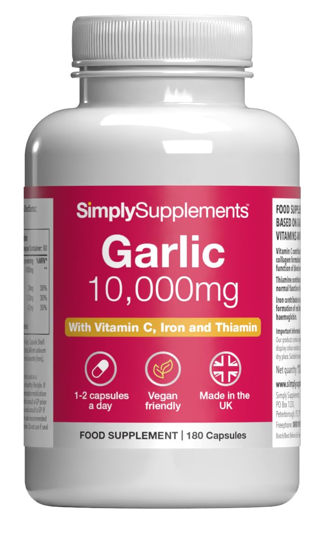High-Strength Odourless Garlic Capsules | Supports Heart, Normal Blood Circulation & Immune Health | with Vitamin C, Iron & Thiamine | Vegan Friendly | 180 Capsules = 3 Months’ Supply | UK Made