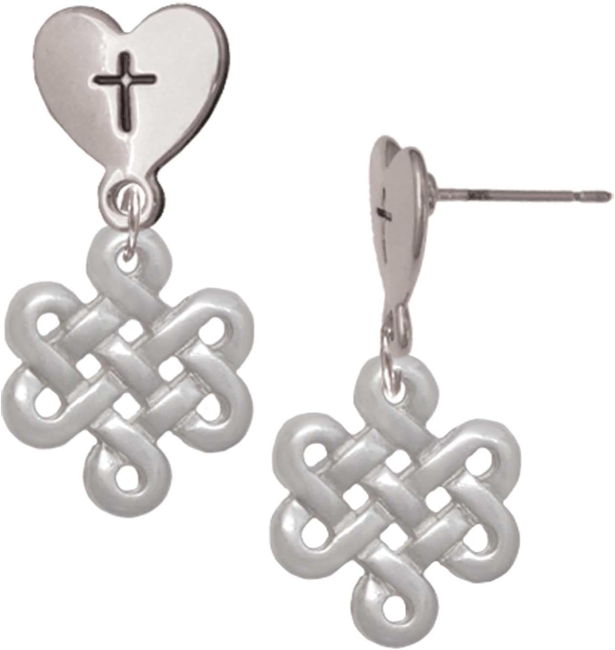 Delight Jewelry Medium Open Infinity Knot Silvertone Cross in Heart Post Dangle Earrings