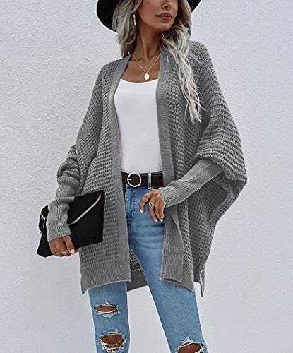 Image of Women's Waffle Cardigan Ribbed Cuffs Open Front Knit Sweater Batwing Long Sleeve Casual Loose Chunky Coat Outwear(XL,deep grey2)