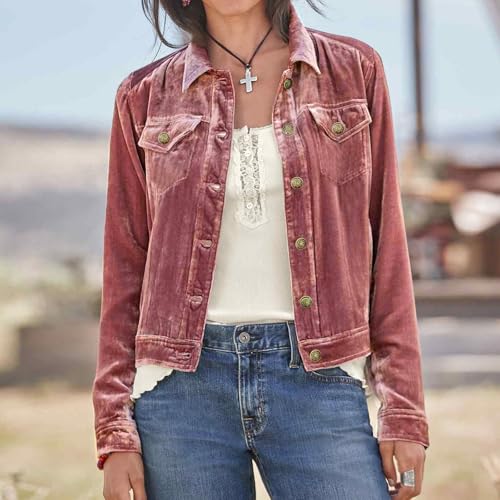 Xaspee Women's Casucal Button Down Velvet Jackets Cropped Long Sleeve Retro Denim-Style Velour Jackets3