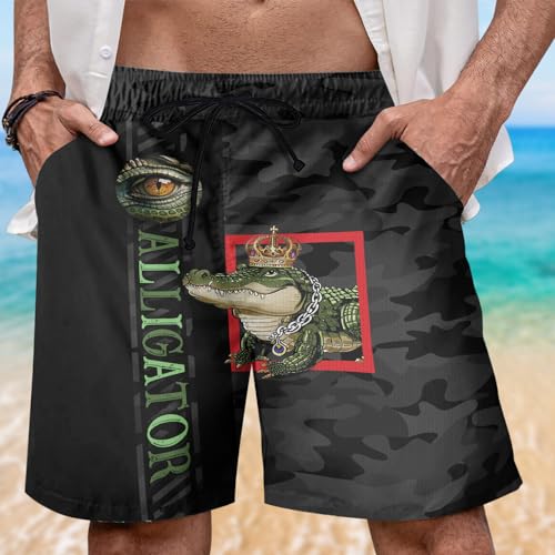 Alligator Mens Swim Trunks - Reptile Hawaiian Mens Shorts Casual - Summer Drawstring Beachwear Shorts PA592