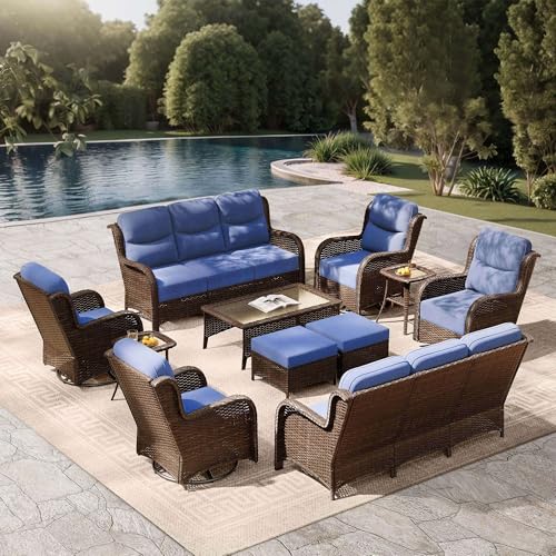 NUSBAY High Back Outdoor Furniture with Extra Thick Cushion Patio Swivel Rocking Chairs, Comfort 3-Seat Sofa, 11PCS Oversized Wicker Conversation Set for Porch, Deck, Yard in Blue