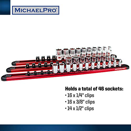Michaelpro Mp014001 3-Piece Aluminum Socket Organizer Rail Set- 1/4-Inch, 3/8-Inch, And 1/2-Inch Drive Tool Socket Organizers Hold 46 Sockets, Heavy Duty Socket Storage #TOP1