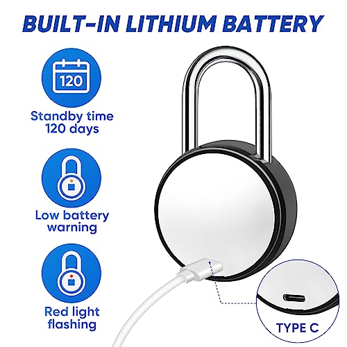 Image of Fingerprint Padlock with Case, Smart Keyless Bluetooth Lock APP /Fingerprint Unlock Anti-Theft Padlock Door Luggage Case Lock for Android iOS Suitable for Gym, Backpack, School, etc, Type-c Charging