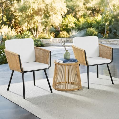 Image of DEVOKO Patio 3 Pieces Porch Backyard Garden Outdoor Rope Chairs with Weather Resistant Cushions and Glass Top Table Conversation Set (Beige and White)