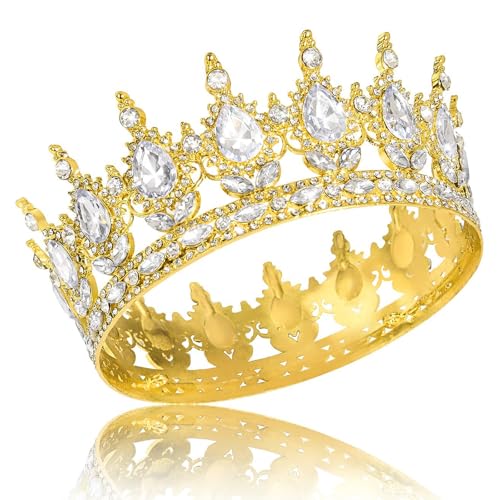 lomdung Coroa, Coroa Elegante Dourada e Branca, Tiara Retro de Coroas Barroca, Incrustada com Brilhantes Diamantes de Imitação, Ideal para Casamentos, Festas de Graduação e Aniversários