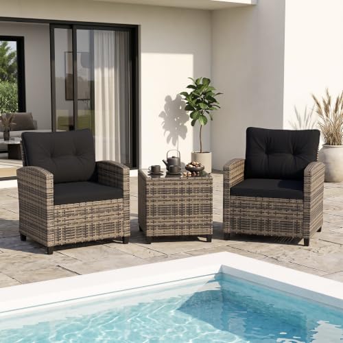 Image of Tangkula 3 Piece Patio Furniture Set, Rattan Conversation Set w /Soft Seat & Back Cushions, Tempered Glass Topped Coffee Table, Cushioned Wicker Seating Set for Backyard, Porch, Poolside