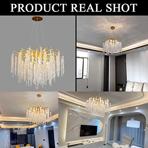 Puvaue Modern Crystal Tree Branches Chandeliers Gold Luxury Round Raindrop Pendant Light Fixture 9 Light Tassel Ceiling Hanging Light For Dining Room Bedroom Living Room Entryway 23.7" #TOP5