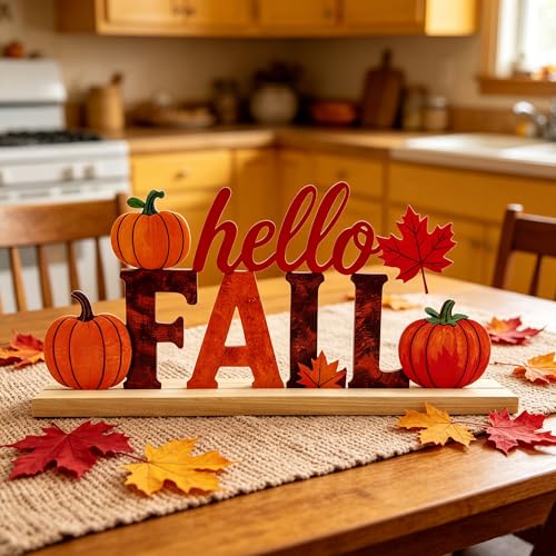 LianheCy Hello Fall Metal Sign with Wooden Base Freestanding Rustic Pumpkin Tabletop Decor Tiered Tray Centerpiece Autumn Decorations for Home Mantel Shelf Fireplace Office