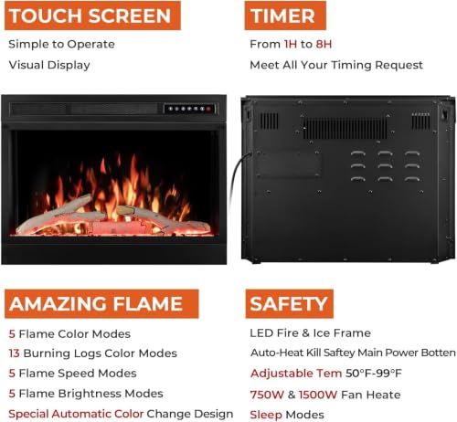 Image of R.W.FLAME 28 inch Electric Fireplace Insert, Adjustable 4 Flame Colors, 13 Log Colors, 5 Flame Speeds, Remote Control, Timer, Adjustable Temperature from 50F to 99F, 750W /1500W(28''X21'')