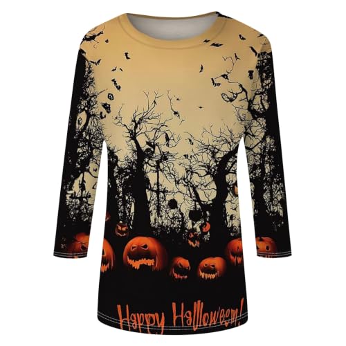 Image of Women Spooky Halloween Graphic Shirt 3 /4 Length Sleeve Crewneck Top | Halloween Funny Printed Pumpkin Plus Size Tshirts 2026 Fall Outfits Skeleton Tee Going Out Tops