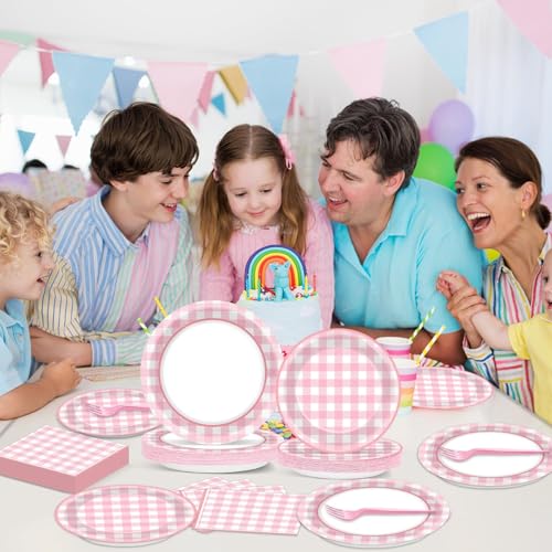 Image of 200 PCS Pink Checkered Tableware Disposable Pink And White Checkered Party Supplies Dinnerware Set Plaid Plates Outdoor Supplies Girls Barbecue Picnic Birthday Party Decoration Serve 50 guest