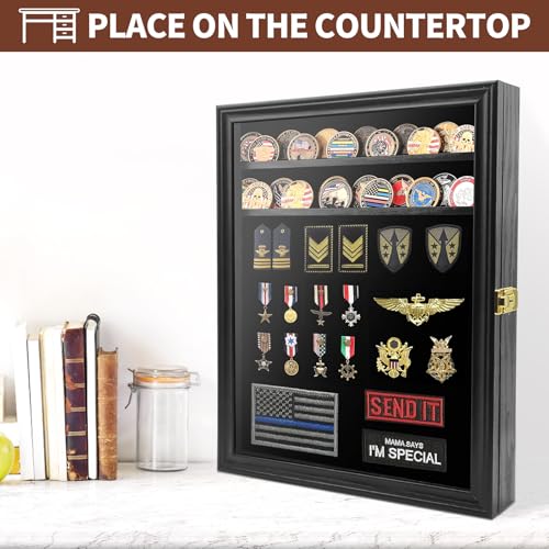 Image of Challenge Coin Display Case, 7 Rows Lockable Military Coin Display Cabinet with UV Acrylic Door, Removable Shelves & Felt Background, Large Shadow Box